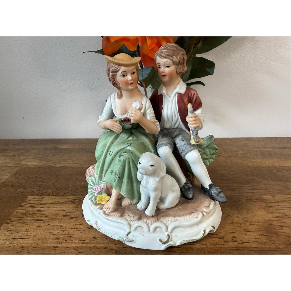Vintage Porcelain‎ Courting Couple Figurine Dog Flowers Pastoral Scene